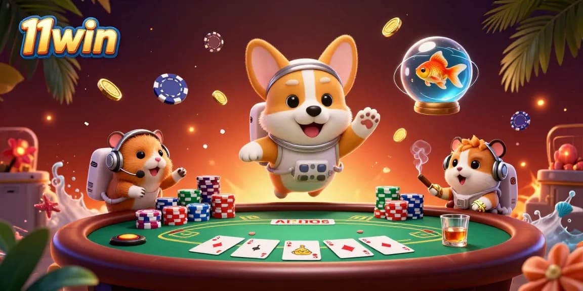 Engage with the 11win cosmic casino adventure featuring a playful astronaut corgi and vibrant gaming elements.