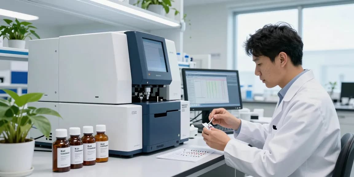 Koi Peptides Canada research scientist analyzing peptide samples in a high-tech laboratory setting.