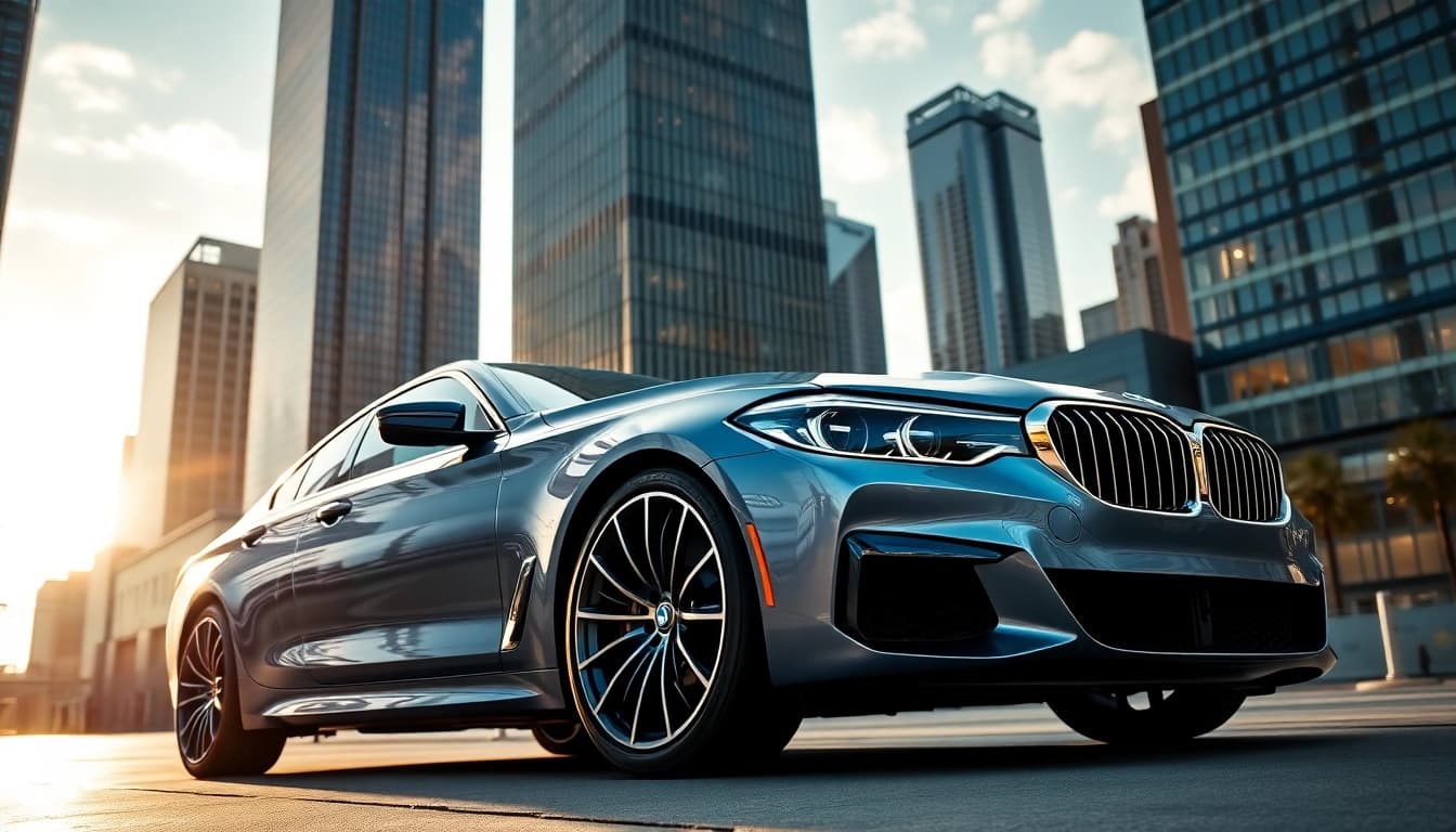Featuring a Luxury BMW car gleaming against a modern skyline, highlighting its elegant design.