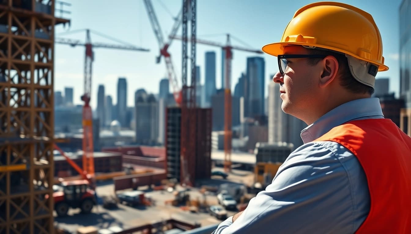 New York City Construction Manager supervising an active construction site with workers and cranes.