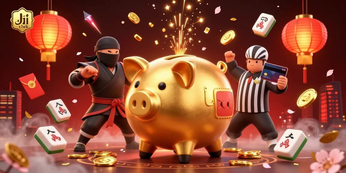 Engaging Jai club scene showcasing a golden piggy bank sumo wrestler amidst fireworks and vibrant casino elements.