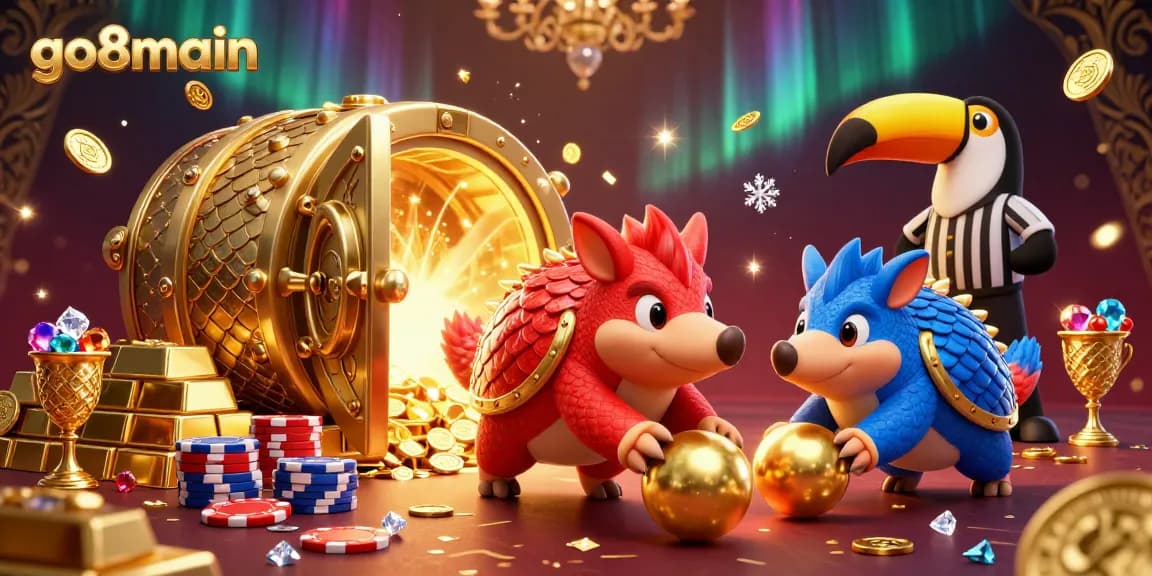 Experience thrilling gameplay at go8main with pangolins rolling through poker chips in a colorful casino.