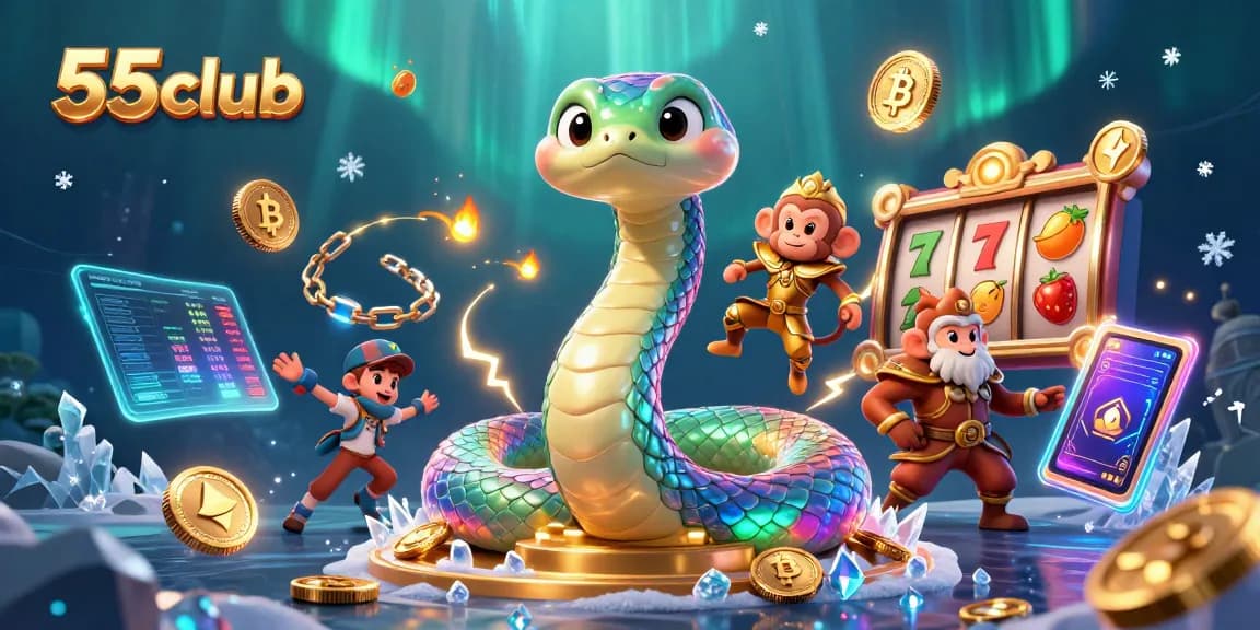 Experience thrilling gameplay at 55club with a vibrant 3D illustration featuring casino elements.