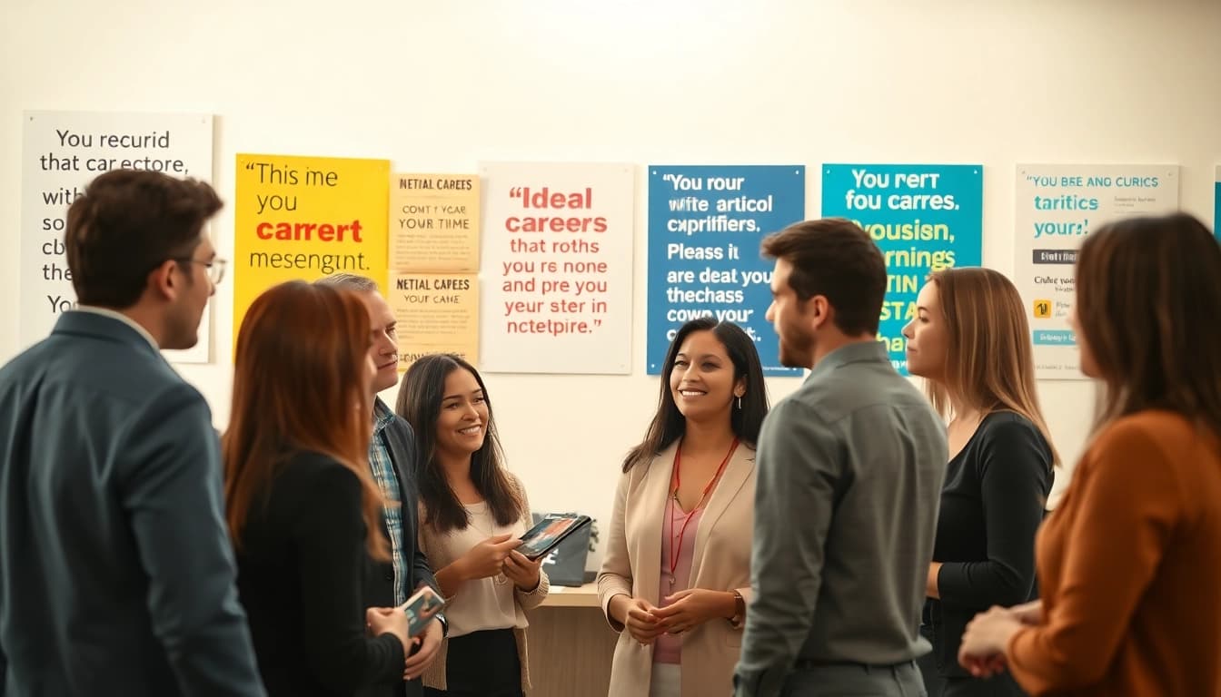 Engaged professionals collaborating, envisioning their Ideal career through discussions and resources.