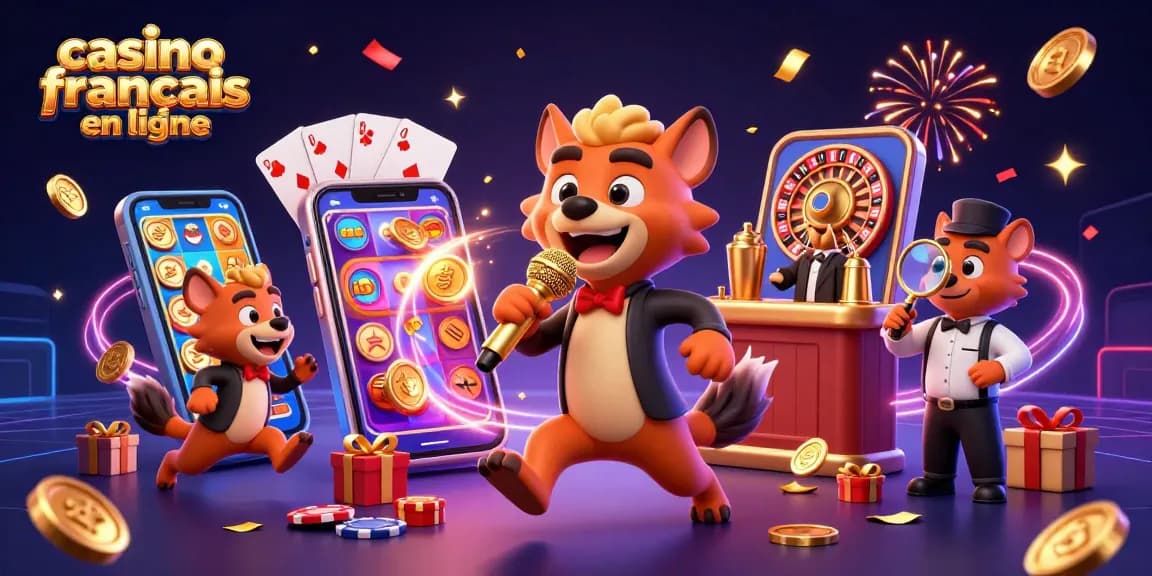 Animation humoristique au casino français en ligne avec des hyènes comiques, machines à sous, et champagne.