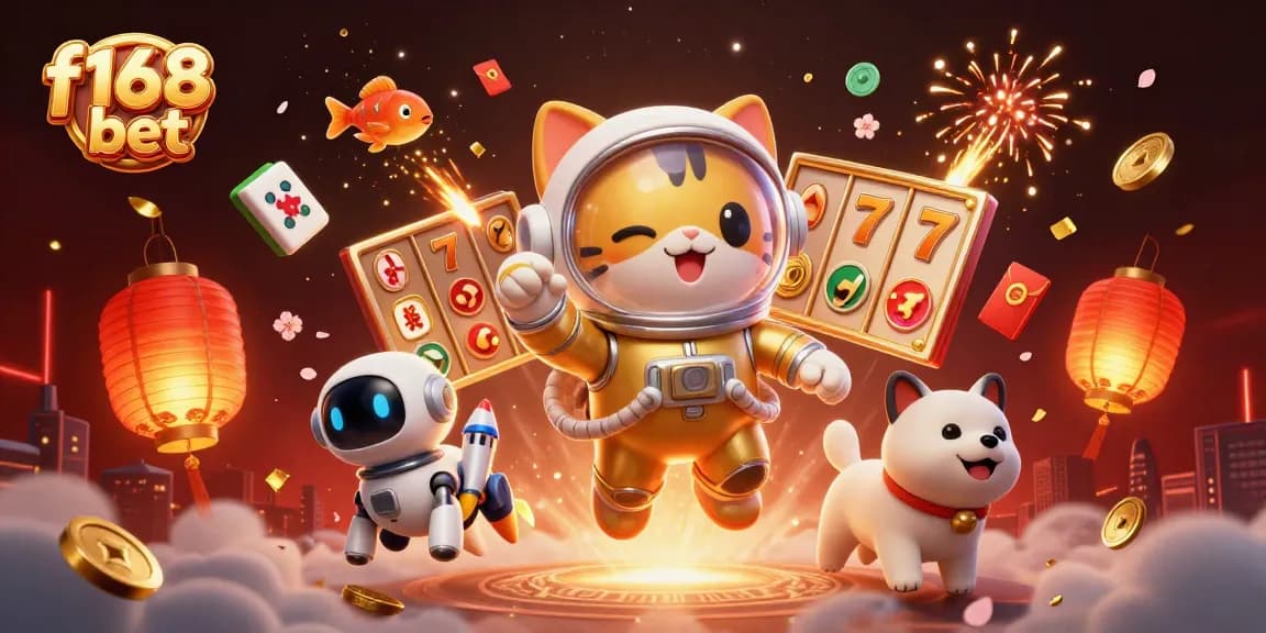 Engage in the thrill of f168 bet with a dynamic illustration featuring a space cat, robotic dog, and vibrant casino elements.