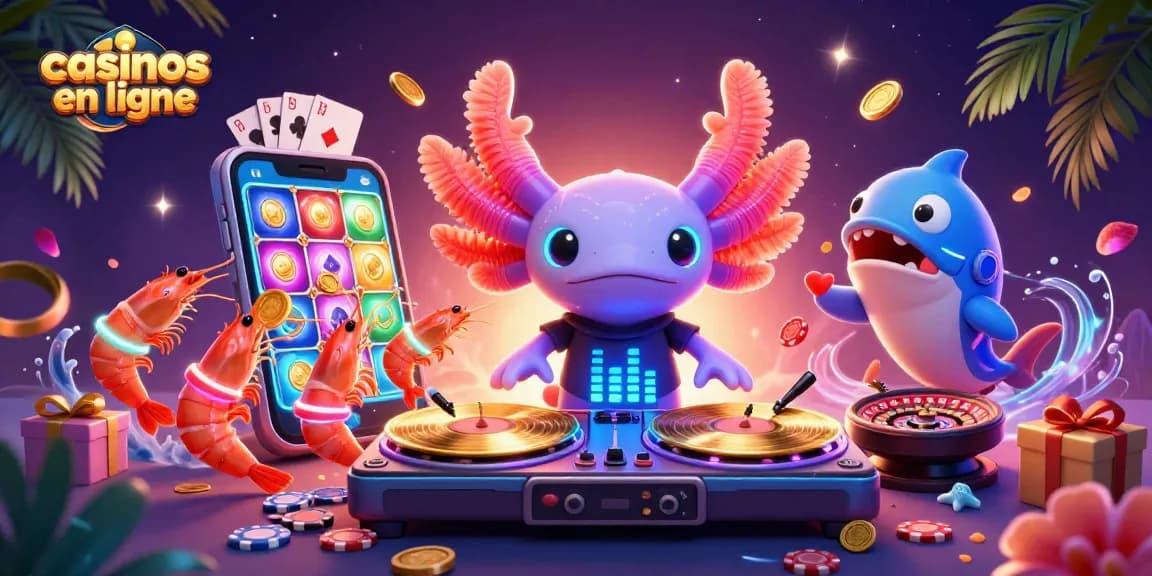 Des axolotls DJ animant des jackpots aux casinos en ligne, entourés de jeux de casino vibrants.