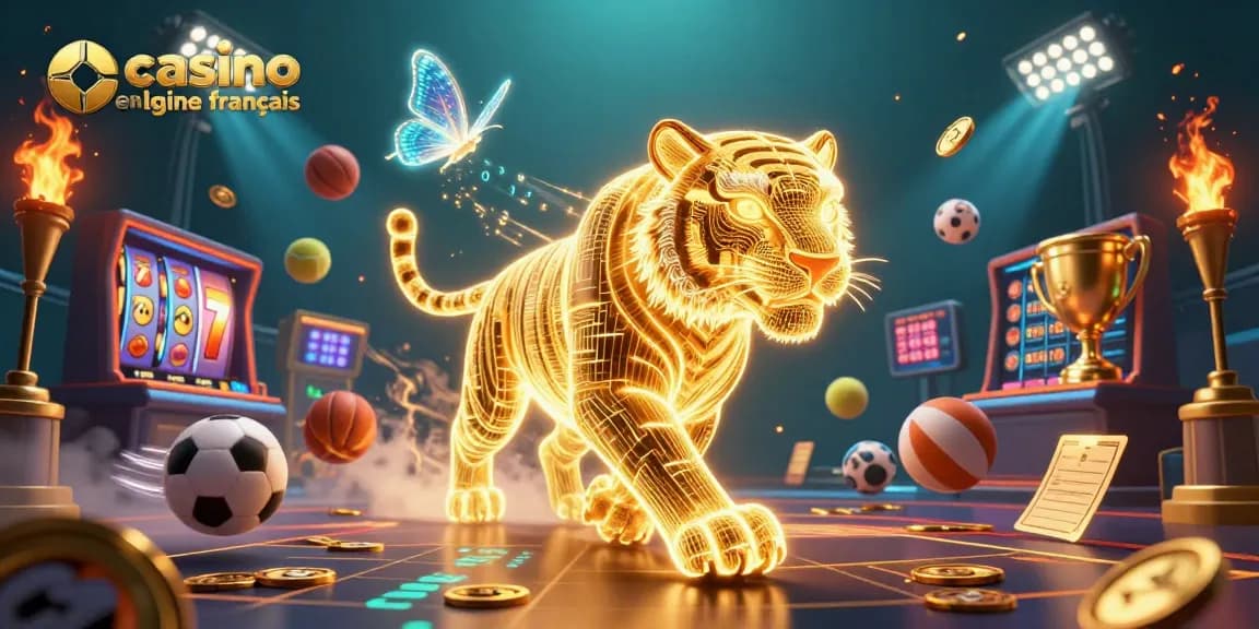 Articles de casino en ligne français avec un tigre doré lumineux et de nombreux éléments de jeu dynamiques.