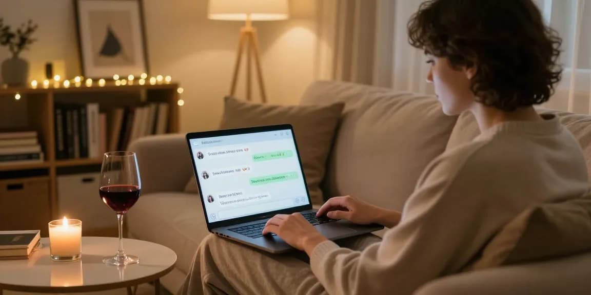 Engaging in ai nsfw chat in a cozy living room setting with laptop, wine, and soft lighting