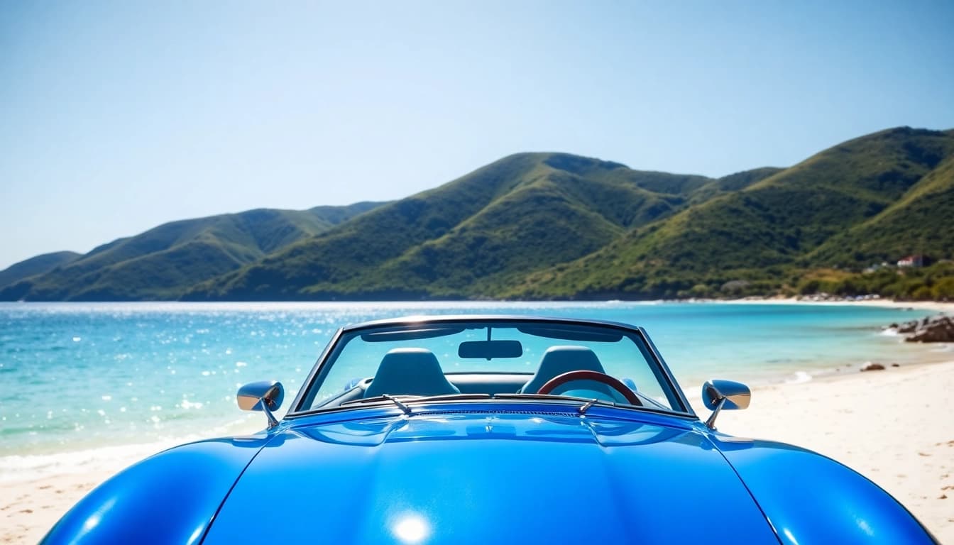 Rent a car St Barth with a colorful convertible on a scenic beach.