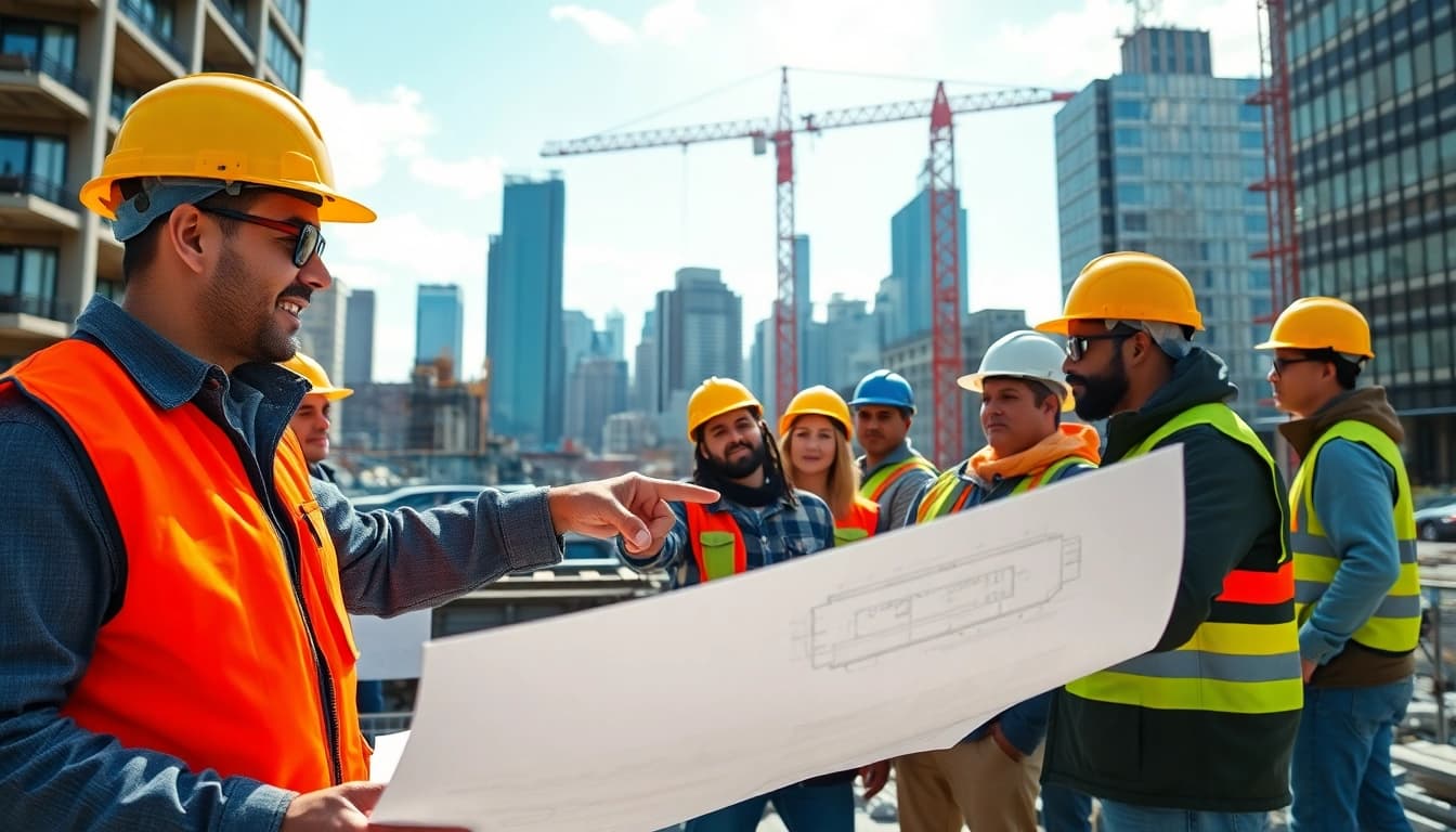New York City Commercial General Contractor overseeing a vibrant construction site with teamwork and progress.