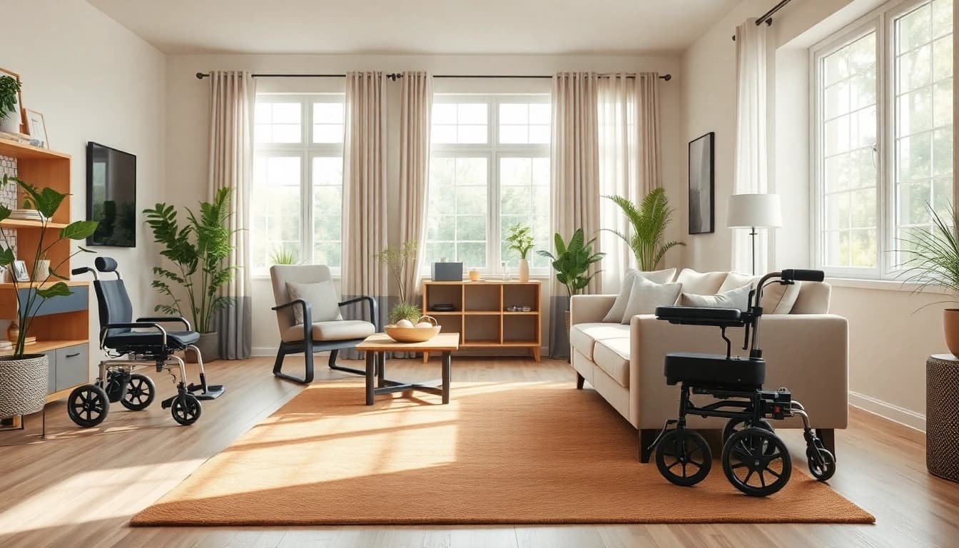 Showcasing individualised living options in a cozy, accessible home environment with modern furnishings.