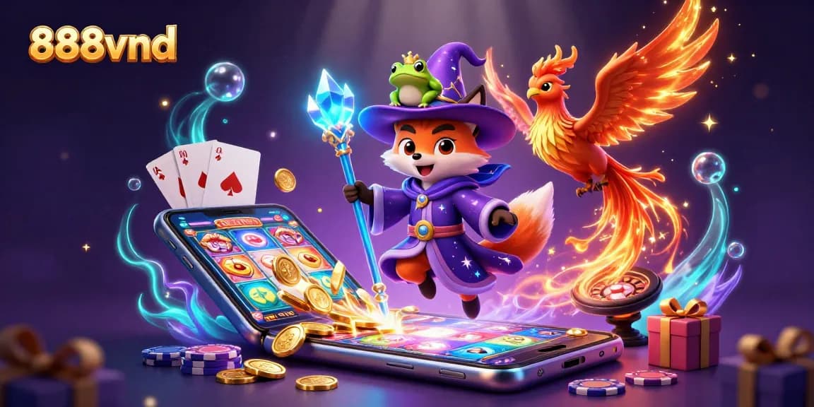 Engage with 888vnd, featuring a magical scene of a wizard fox, phoenix, and gaming elements to elevate your casino experience.