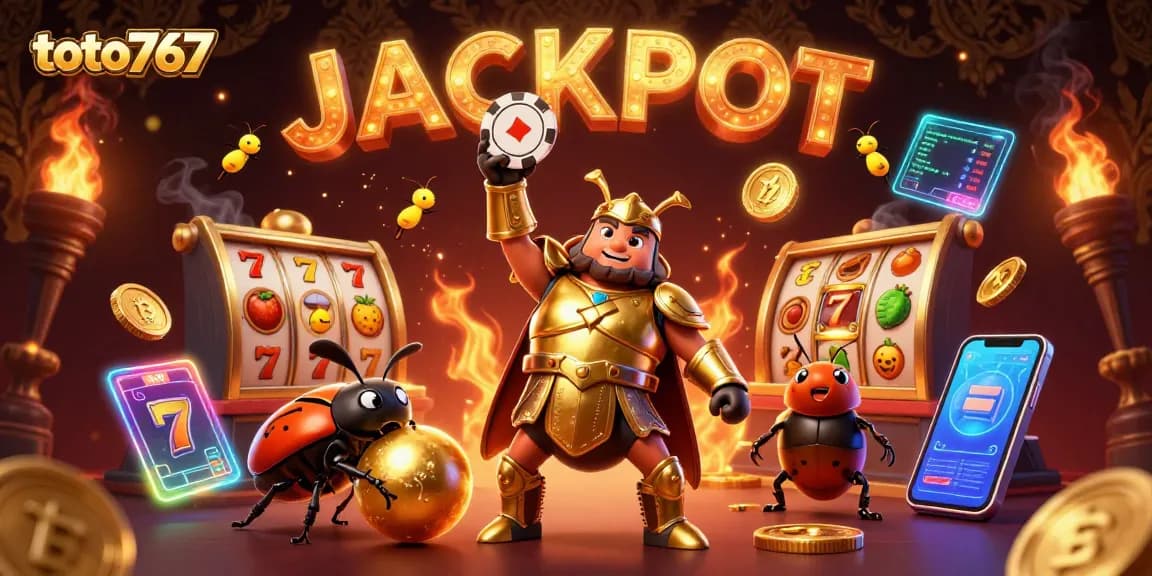 Menangkan jackpot di toto767 dengan ilustrasi karakter unik dan elemen permainan kasino.