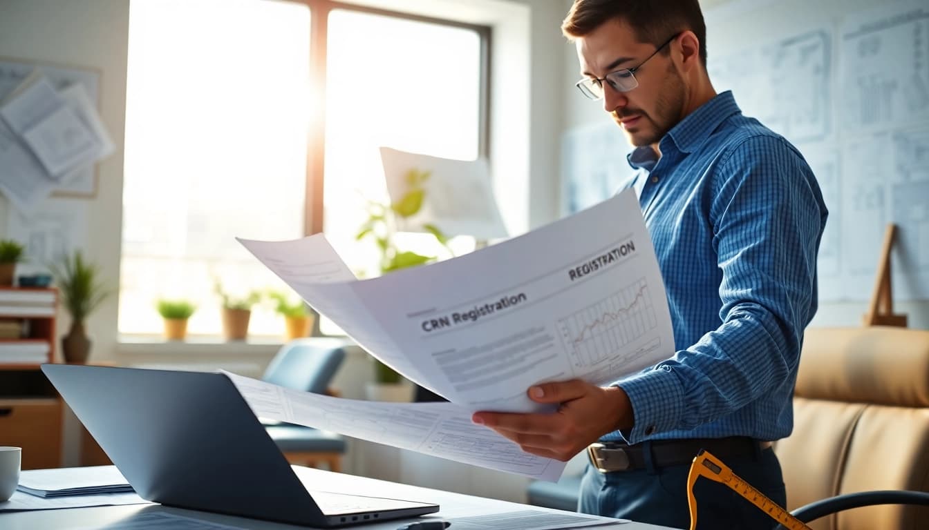 Engineer analyzing CRN Registration documentation within a bright office environment.