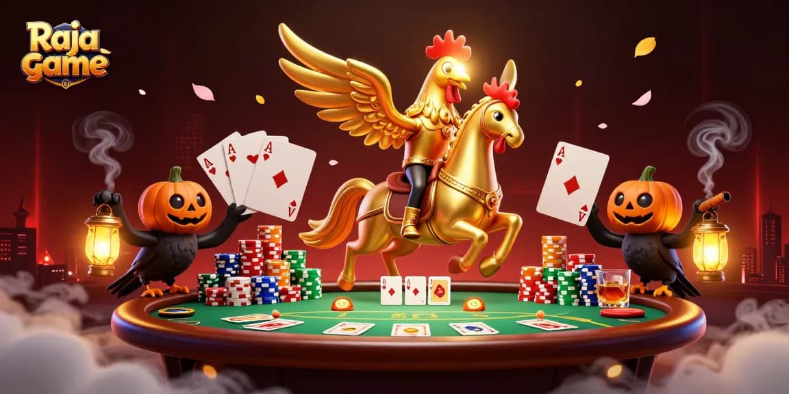 Experience the thrilling Raja game as the golden rooster navigates a vibrant casino filled with games and rewards.