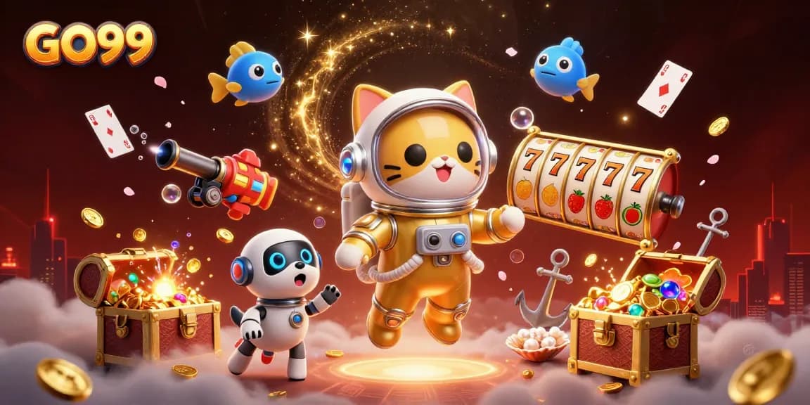 Experience thrilling wins at GO99 with the 3D illustration of an astronaut cat, showcasing dynamic slot elements.