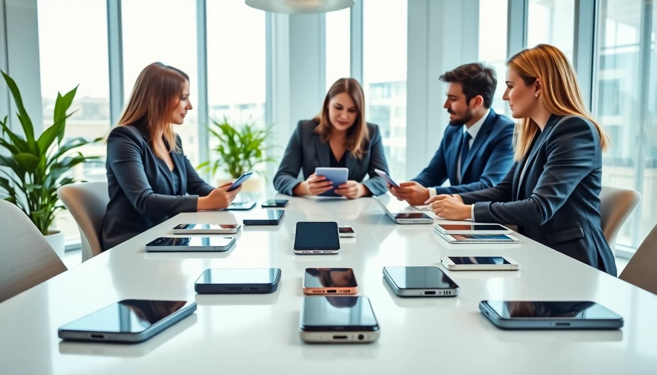 Engaging team discussing business mobile deals UK with various mobile devices on a conference table.