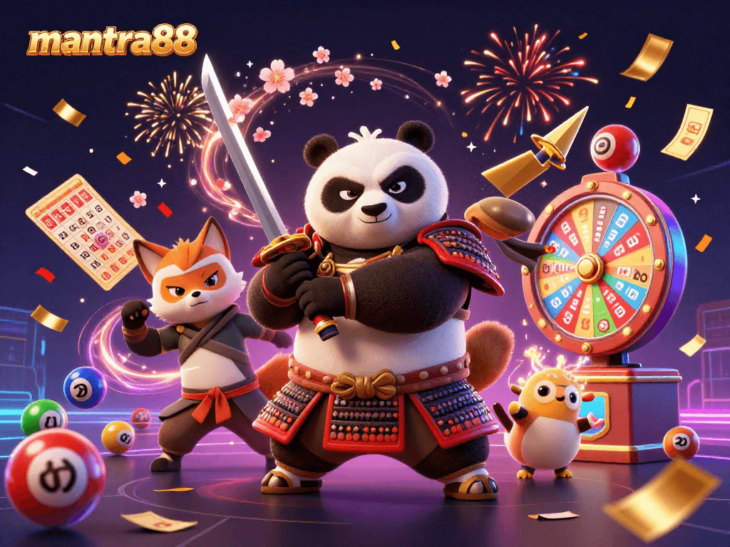 Join mantra88 in a vibrant 3D casino adventure with samurai panda and ninja fox, celebrating with golden prizes.