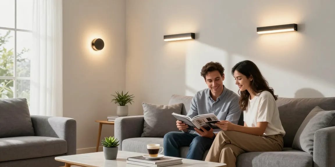 Aplice tavan moderne în interior cozy, iluminând un living cu un cuplu discutând despre decor