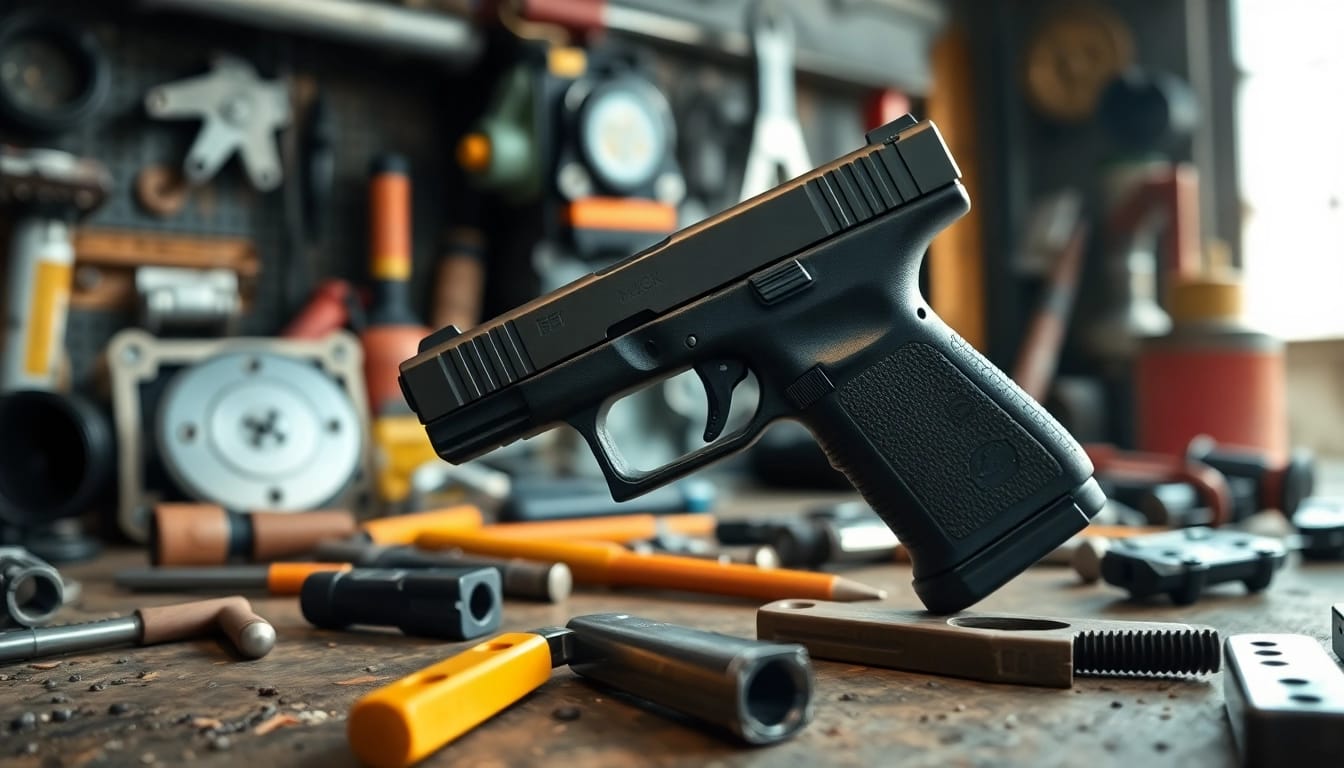 Showcasing Glock 17 slides with intricate designs and precision craftsmanship in a workshop setting.