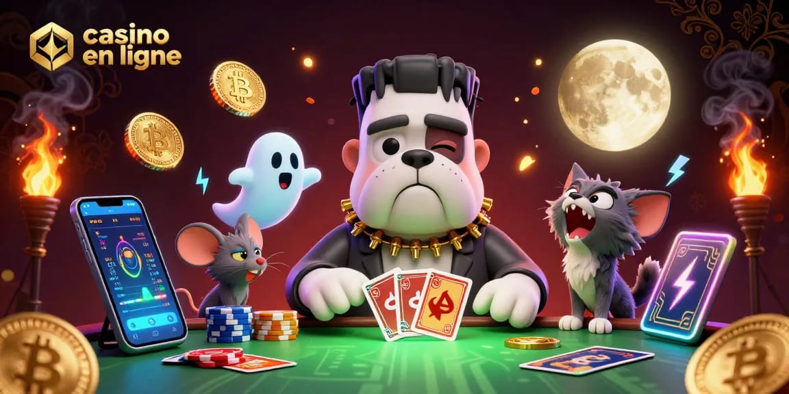 Jouez au casino en ligne avec cette illustration colorée mettant en scène un bulldog Frankenstein, un chaton loup et une souris fantomatique.