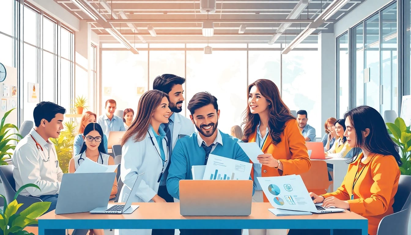 Group brainstorming for an Ideal Career surrounded by diverse professionals in a bright office setting.