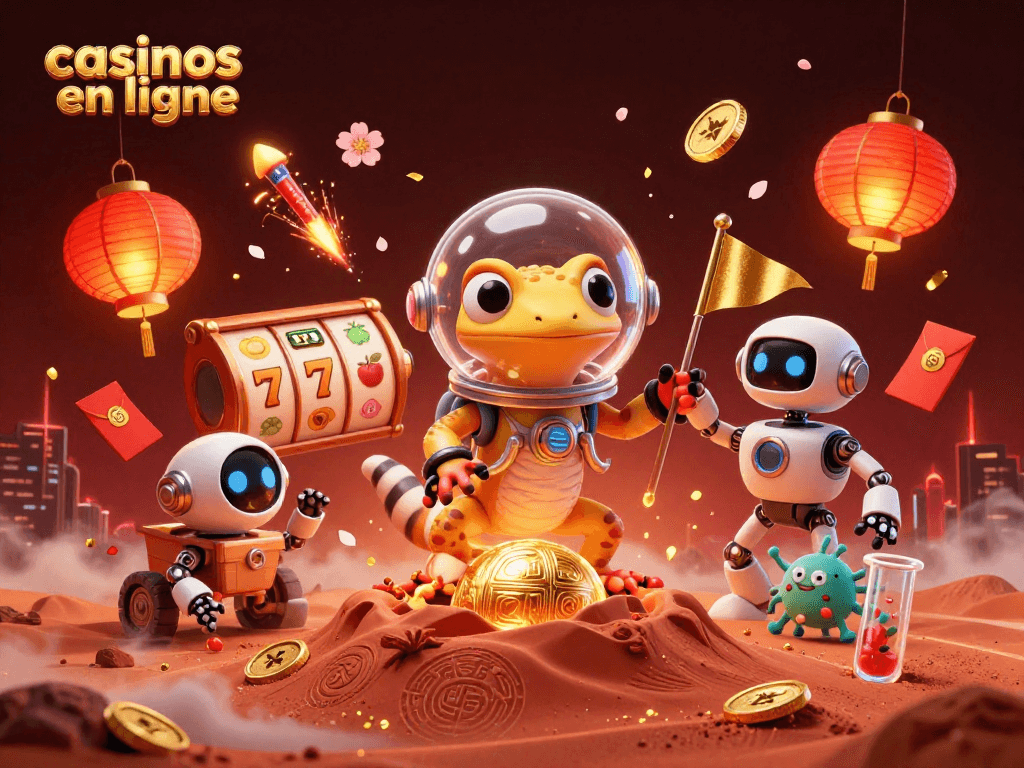 Admirez cette illustration de casinos en ligne avec un gecko martien et un rover découvrant un casino doré sur Mars.