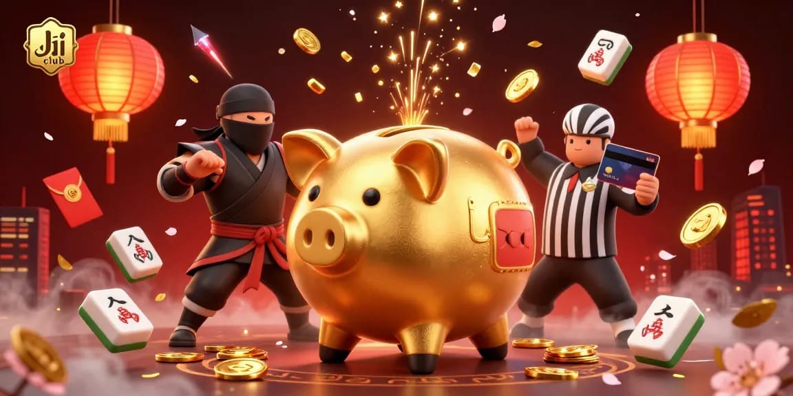 Engaging Jai club scene showcasing a golden piggy bank sumo wrestler amidst fireworks and vibrant casino elements.
