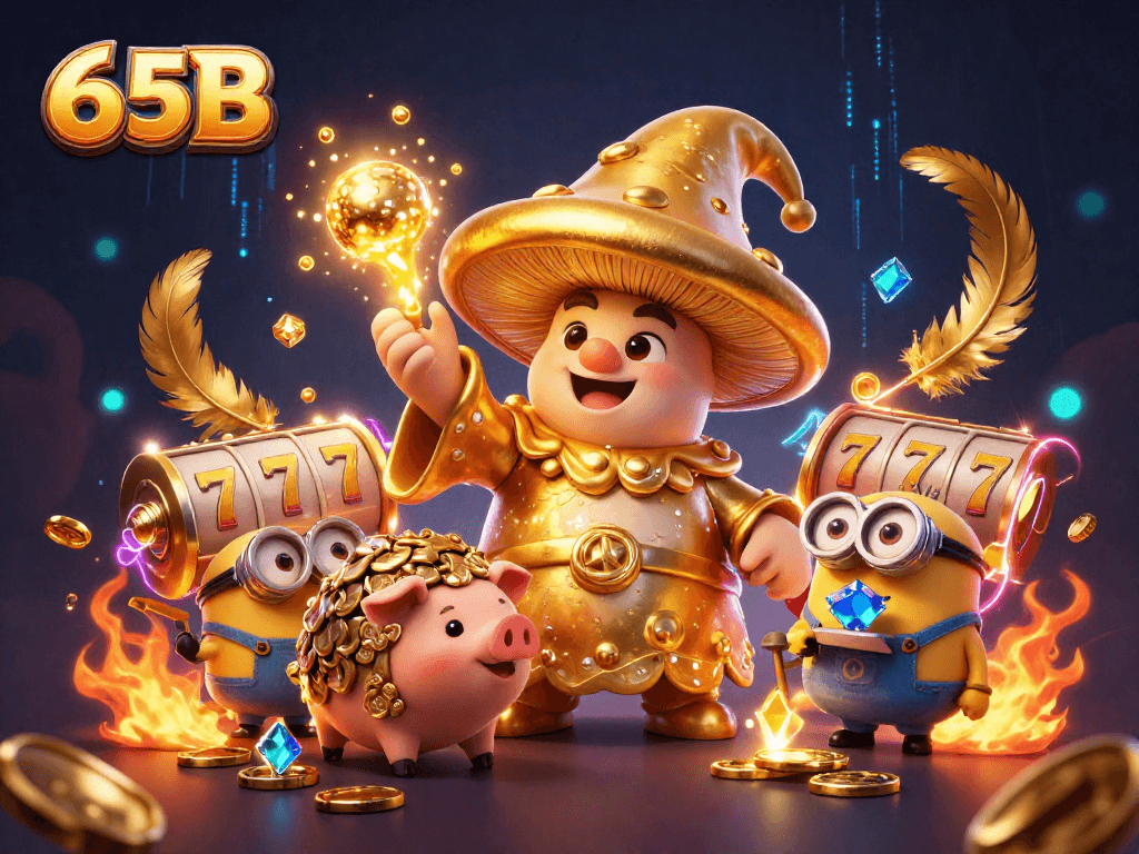 O personagem mágico 65B transforma tesouros em um cassino vibrante repleto de slot reels.
