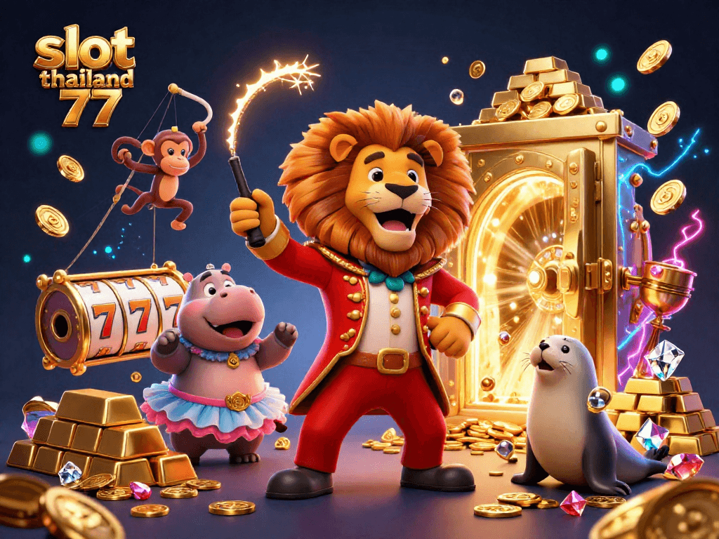 Discover exciting wins with slot thailand 777 in a colorful, dynamic 3D casino scene featuring a ringmaster lion.