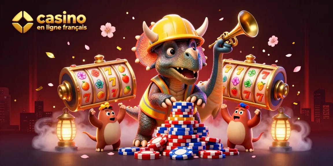 Découvrez les jeux de casino en ligne français avec une illustration dynamique de dinosaures célébrant autour de machines à sous.