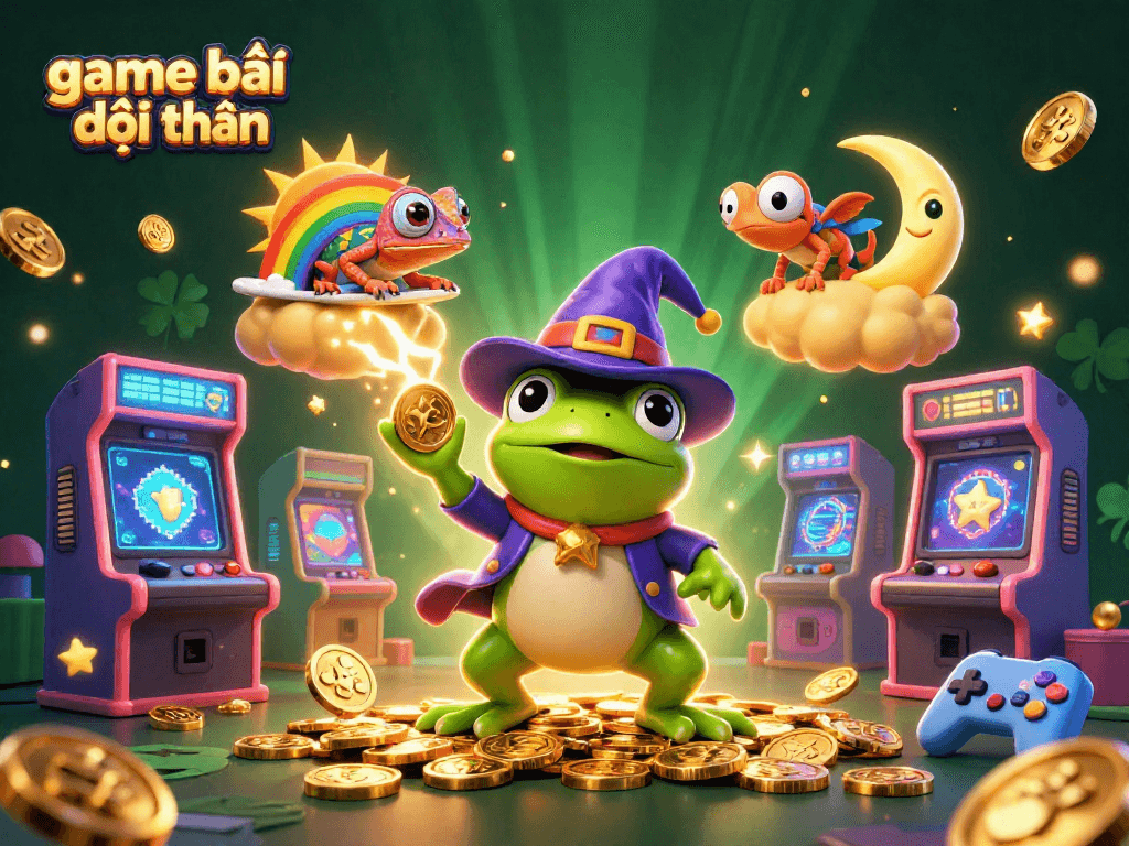 Engage in game bài đổi thưởng with a vibrant 3D illustration of fantasy elements and casino excitement.