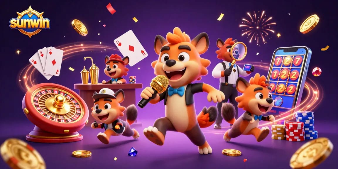 Join the fun at sunwin as hyenas entertain in a vibrant casino scene filled with gold and gems.