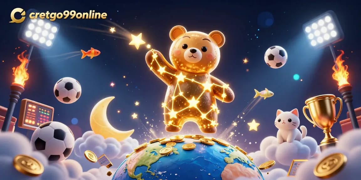 Cretgo99online offers a vibrant gaming experience showcasing a constellation bear and dynamic sports elements.