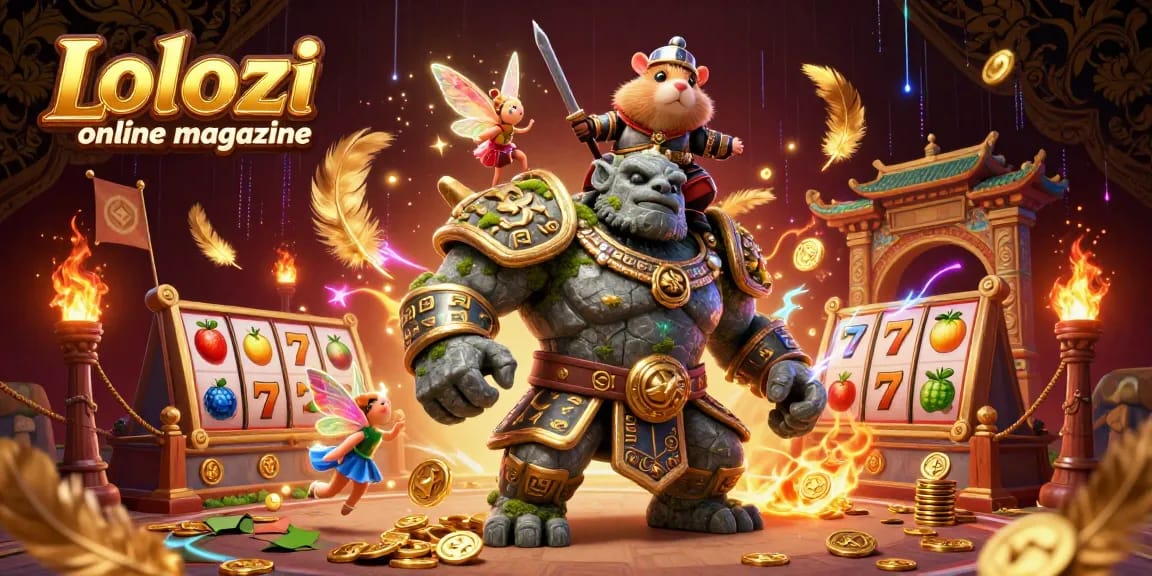 Lolozi online magazine showcases a magical casino scene with a golem, a fairy, and a knight, surrounded by slot elements and gold tokens.