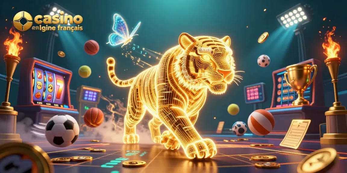 Articles de casino en ligne français avec un tigre doré lumineux et de nombreux éléments de jeu dynamiques.