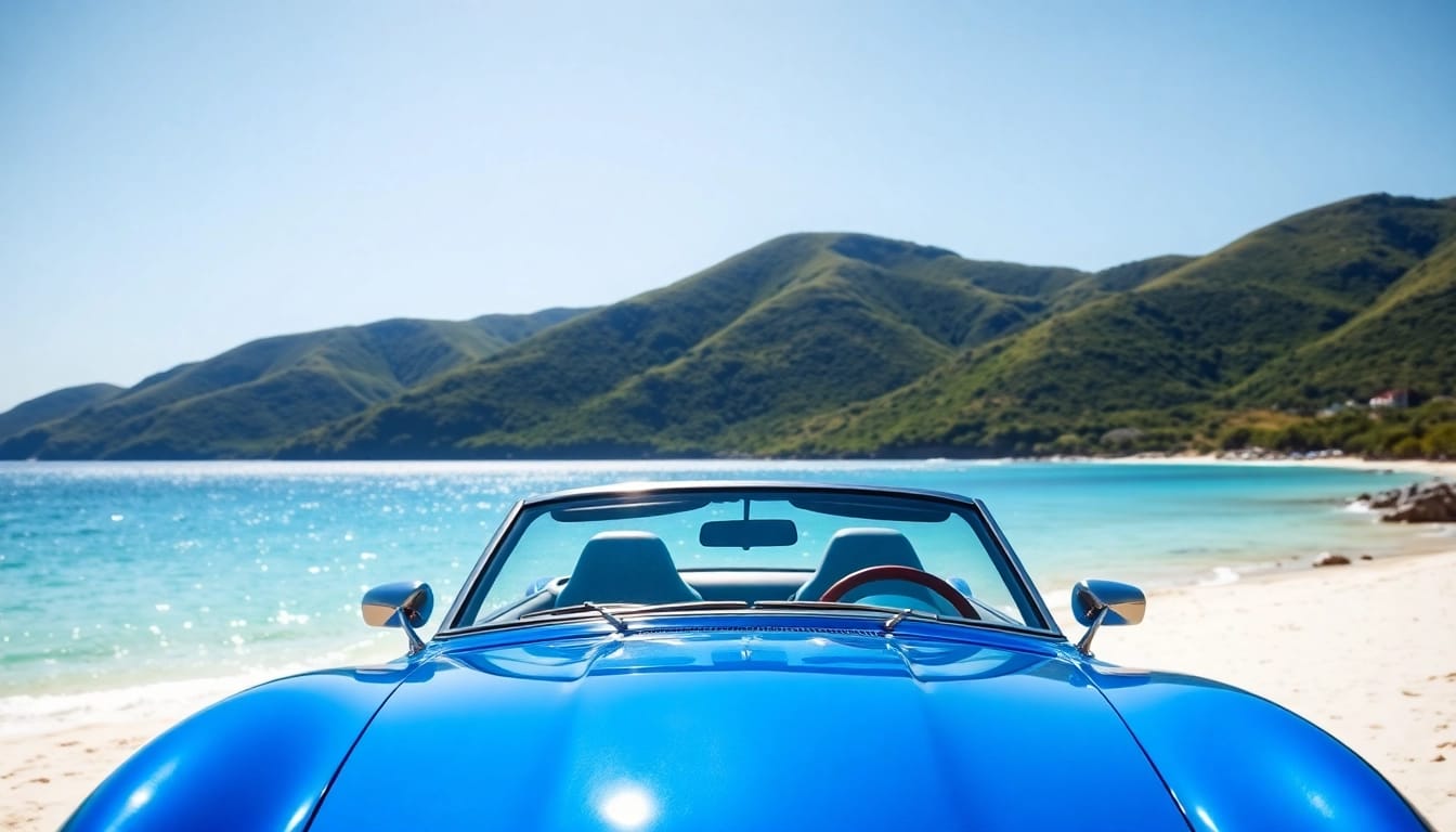 Rent a car St Barth with a colorful convertible on a scenic beach.