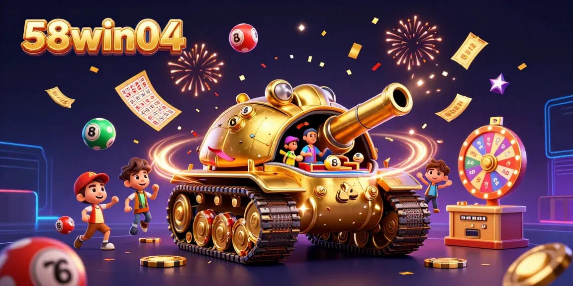 Experience the excitement at 58win04 with a vibrant casino scene inside a golden beetle tank, bursting with energy and lottery balls.