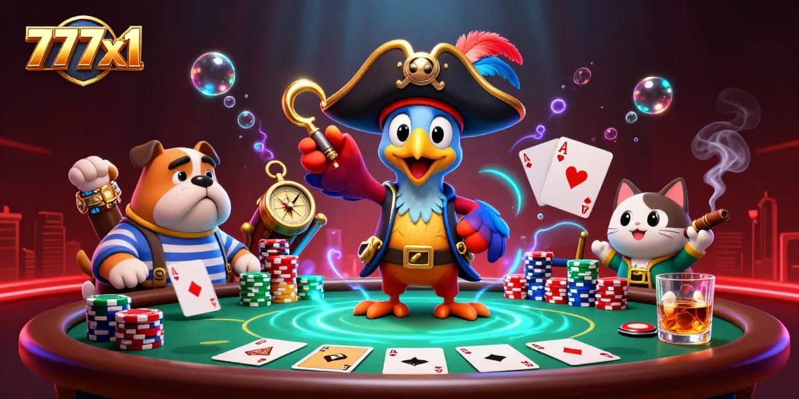 Catch the thrilling action at 777x1 casino with vibrant poker elements and engaging characters!
