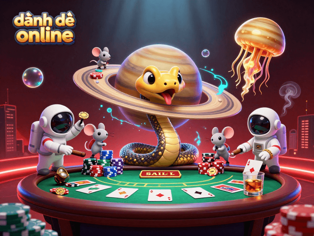 Experience the excitement of đánh đề online with a vibrant 3D cosmic casino scene featuring playful characters.