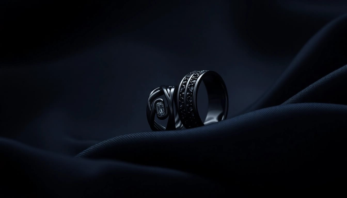 Showcase of unique Black Zirconium Rings highlighting their intricate designs and elegance.