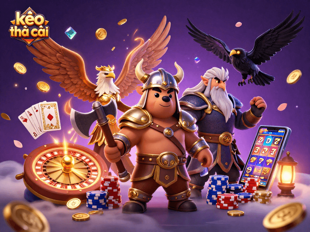 Experience kèo nhà cái with a vibrant 3D casino illustration featuring Viking and gaming elements.