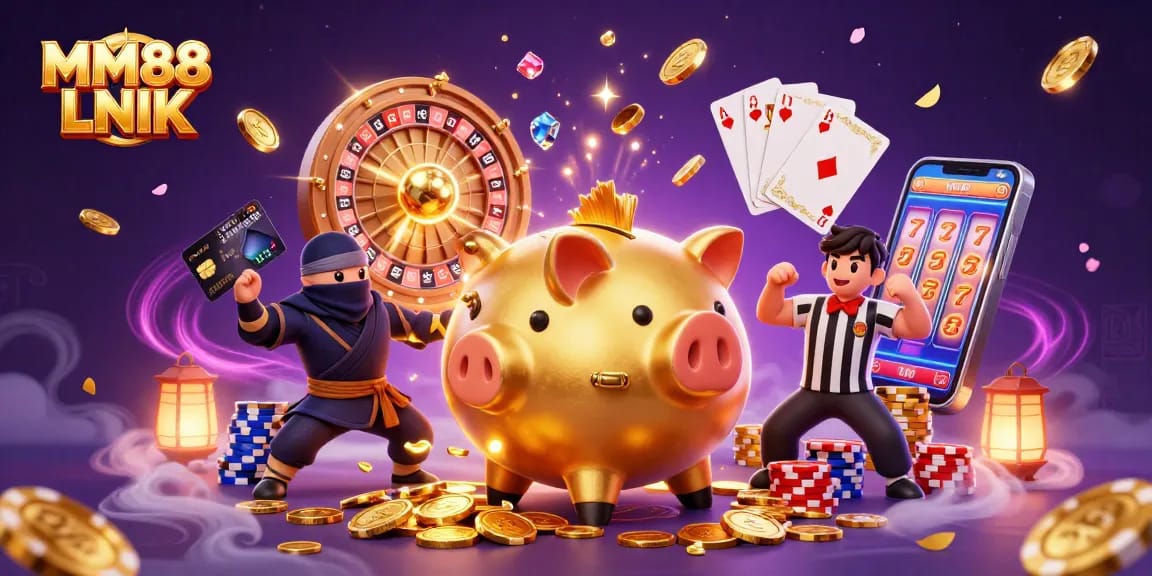 Experience thrilling action with MM88 LNIK at this 3D casino illustration featuring a sumo wrestler, ninja, and referee.