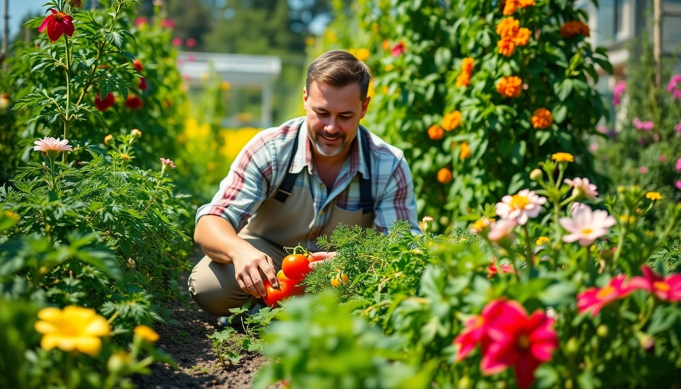 Gardening expert nurturing vibrant plants in a sunlit vegetable garden.