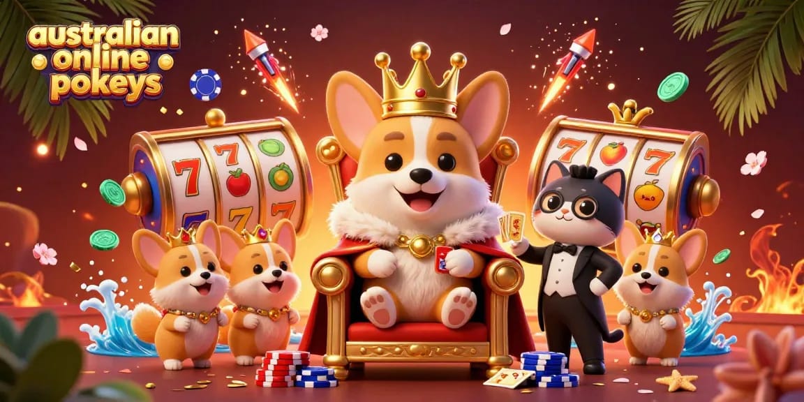 Engage with australian online pokies in a lively scene showcasing a royal corgi on a throne of poker chips.