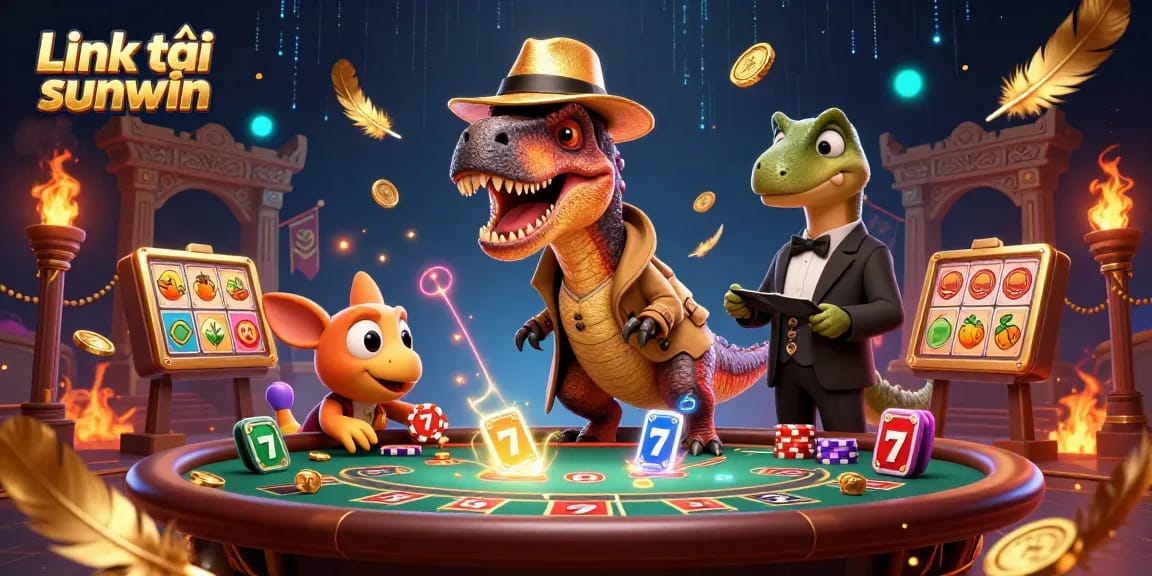 Engage with the exciting Link tải sunwin gaming scene featuring a velociraptor card counter at a bustling blackjack table.