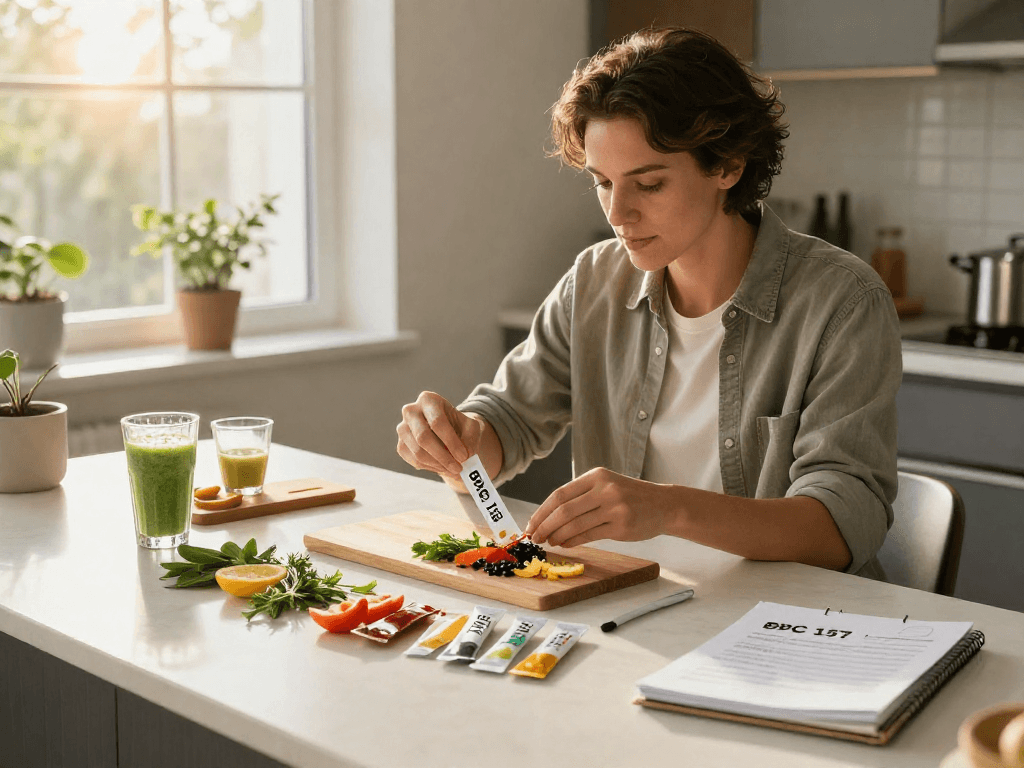 BPC 157 Benefits showcased through a healthy lifestyle scene preparing buccal strips in a modern kitchen.