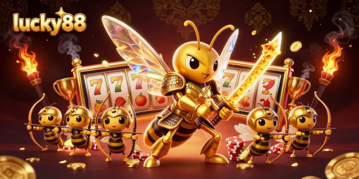 Engage with lucky88's thrilling slot world featuring a golden hornet and vibrant symbols.