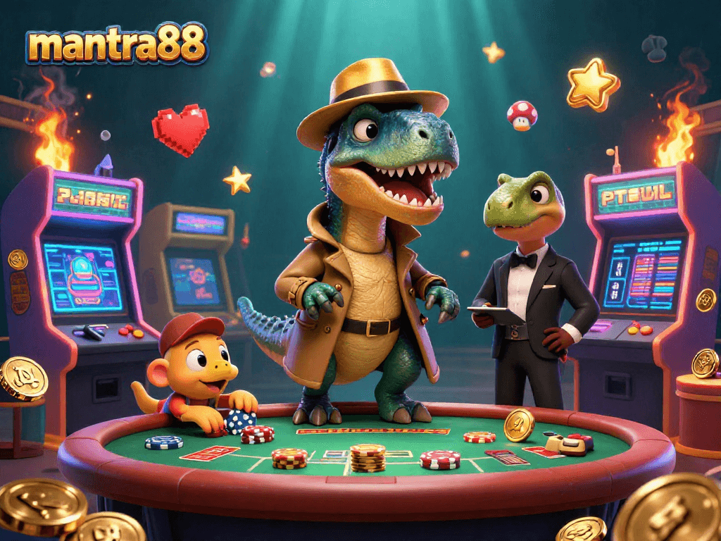 Join the thrill with mantra88: a cartoon velociraptor card counter at a vibrant blackjack table.